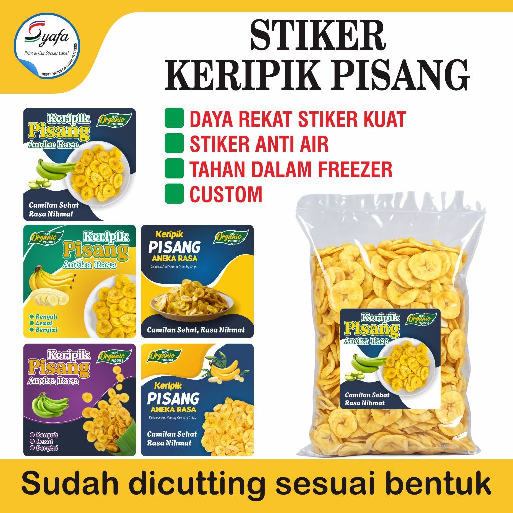 Stiker Label Makanan Ringan Keripik Pisang Custom Branding – Tahan Air – Siap Tempel – Lem Kuat