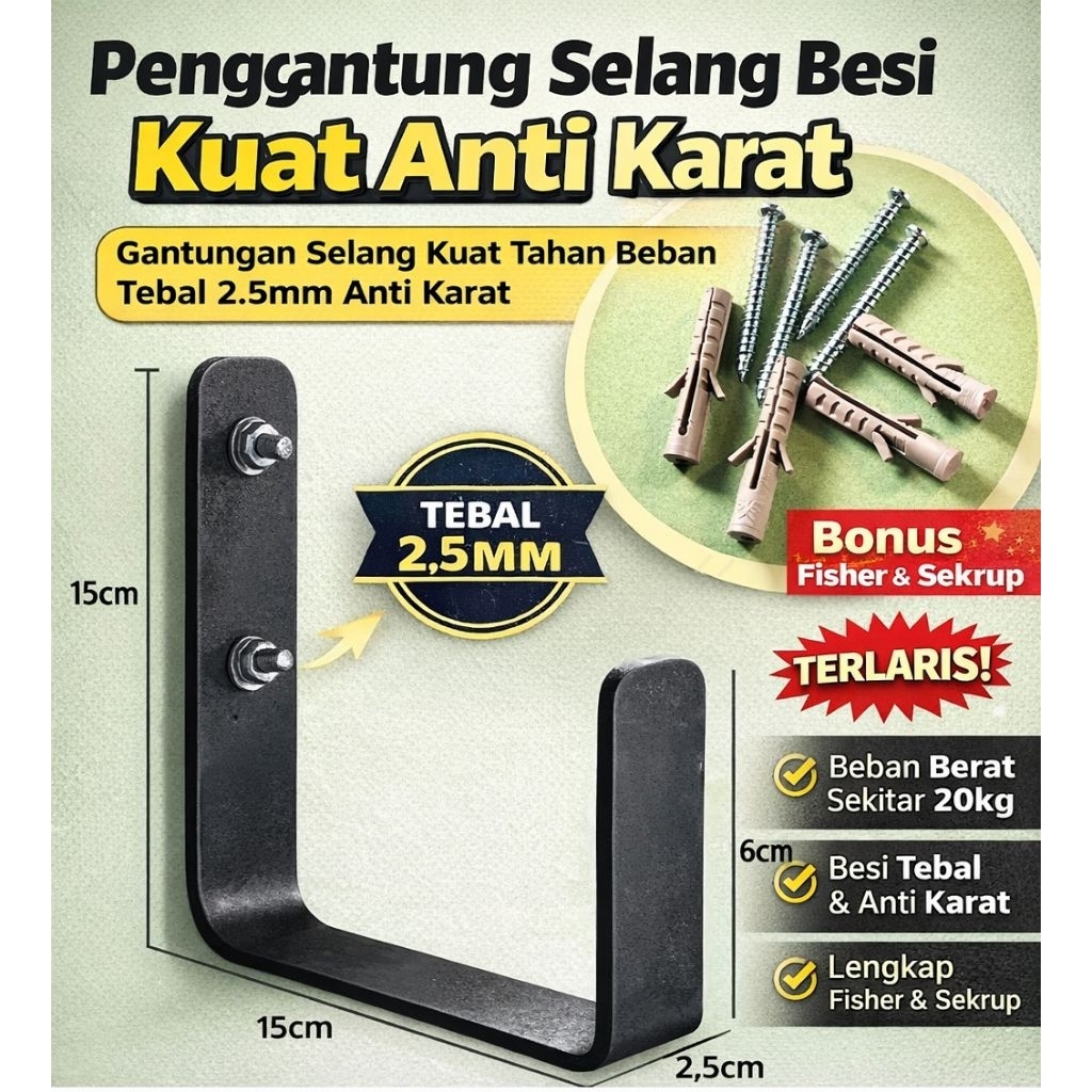 Gantungan Selang Dinding Besi Kuat Anti Karat Tebal 2.5mm + Sekrup FisherHook Selang Air Besi Kokoh 