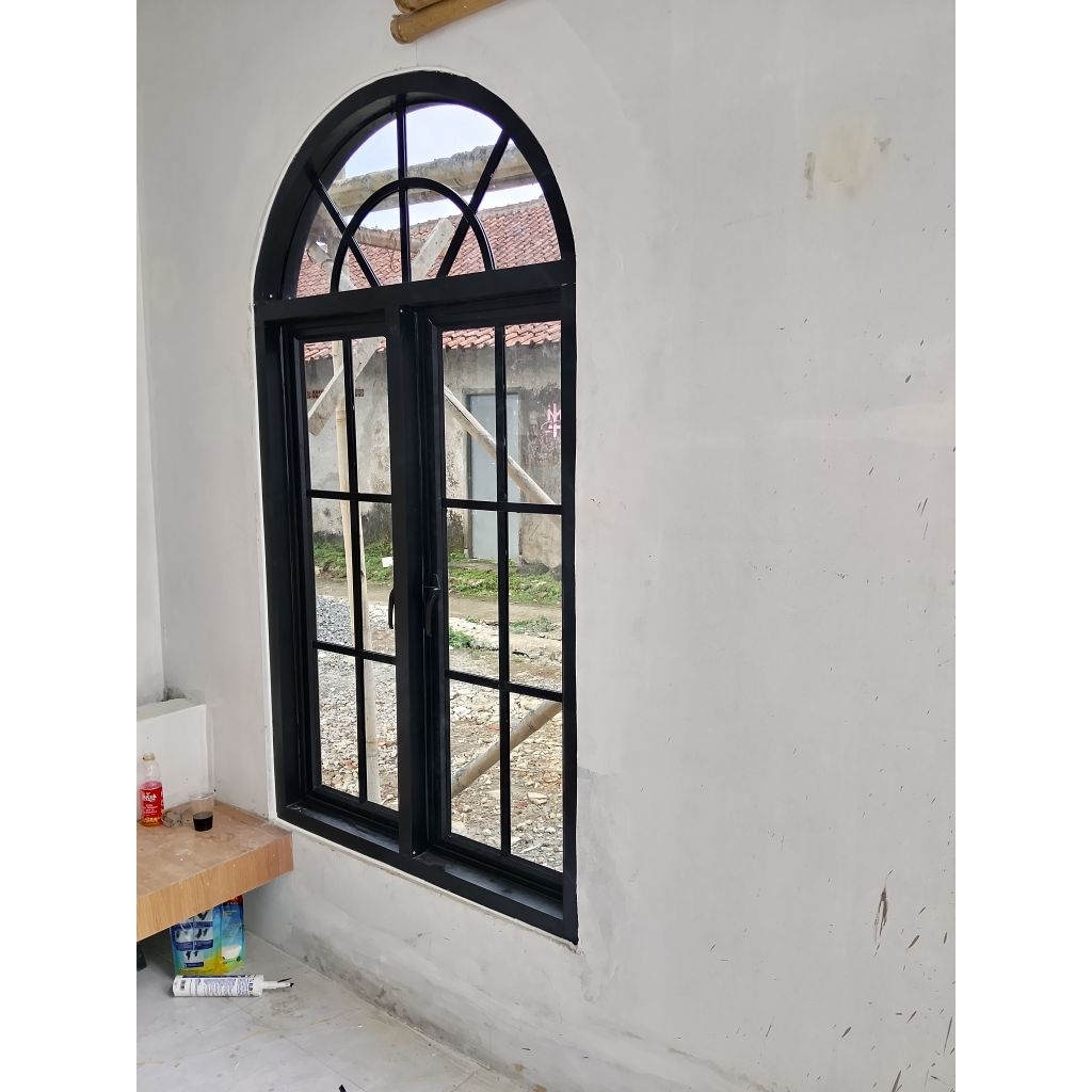 kusen jendela lengkung 2daun alumunium sepaket ornamen ukuran T 180xL90 komplit asesoris gratis pack