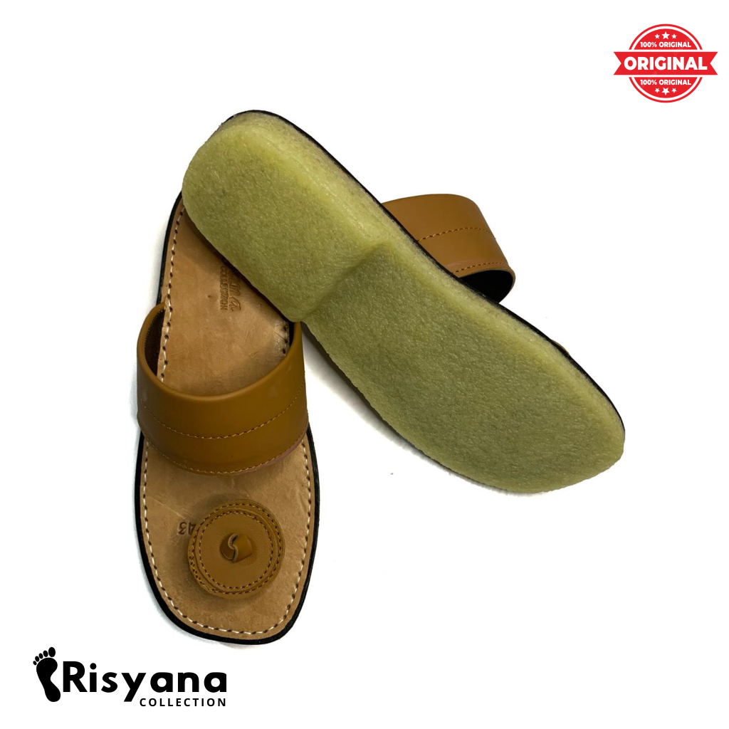 Sandal Tarumpah Pria Kulit Asli Karet Mentah Model Jamur Warna Coklat Susu Hitam Tan Putih Merah Bat