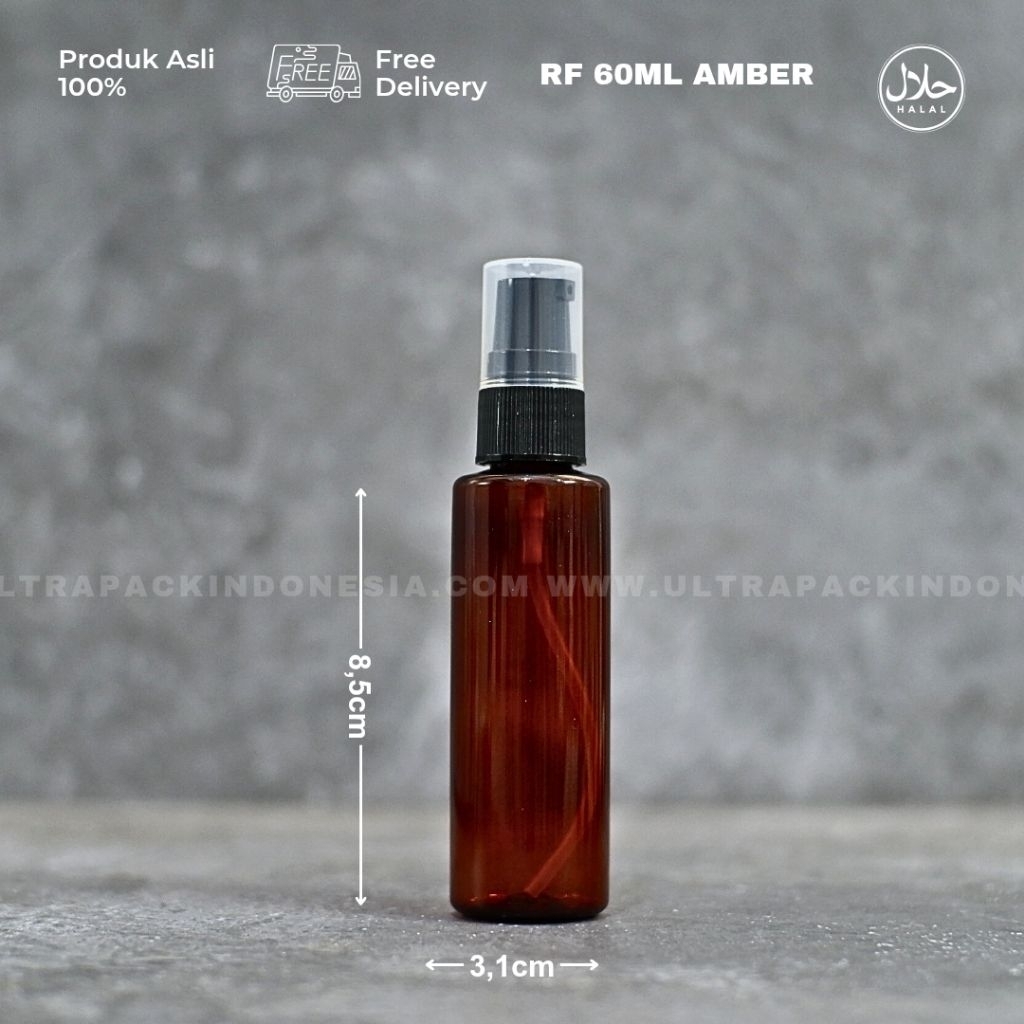 BOTOL PUMP SERUM ISI ULANG 60ML - BOTOL PET RF 60ML AMBER + TREATMENT PUMP HITAM