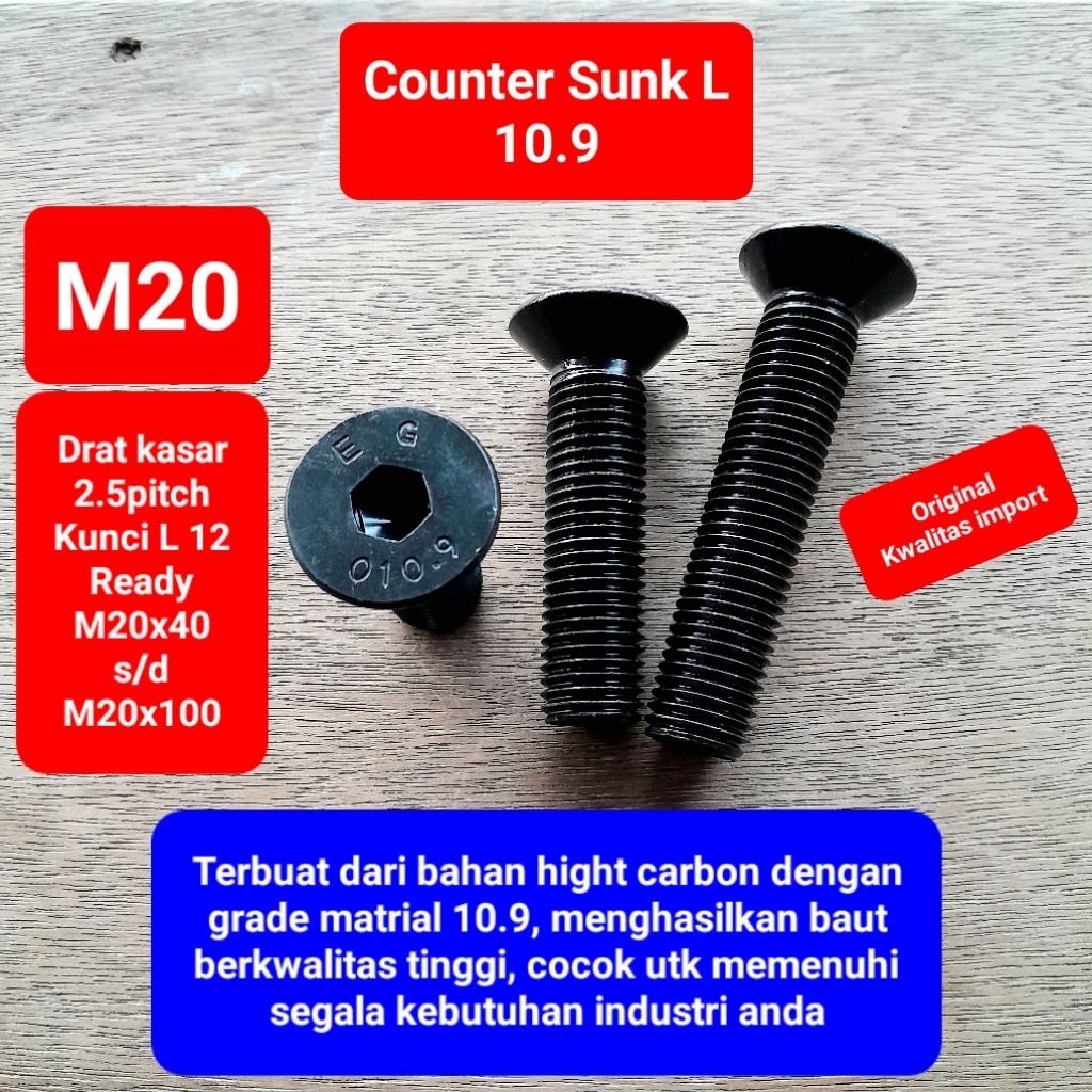 Baut countersunk L baja 10.9 M20 | baut verseng baja 10.9 M20 | baut kepala flat baja 10.9 | baut L 