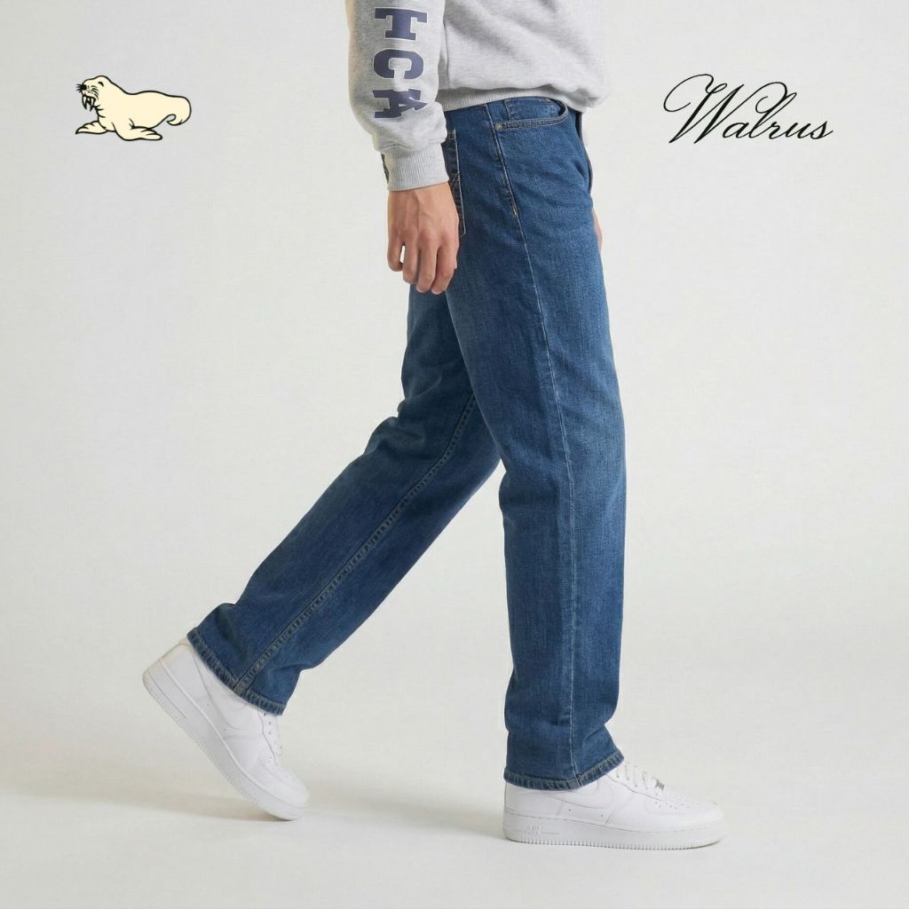 Walrus Signature Denim Pant Straight Fit Celana Jeans Pria Blue Bio Wash with Leather Accent G80026B