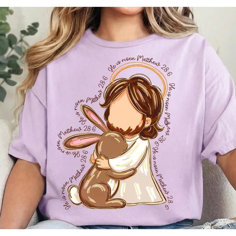 MYSTIQUE.ID-Baju Kaos-Anak & Totebag Rohani Kristen-Jesus Hugging Bunny Easter T-Shirt | "He Is Rise