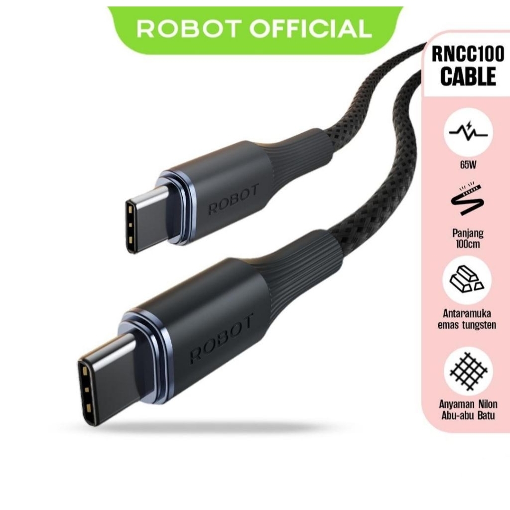 ROBOT KABEL DATA FAST CHARGING 65W TYPE C TO TYPE C ROBOT DATA CABLE RNCC100