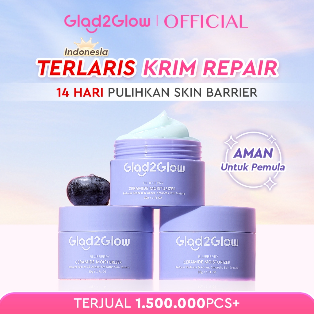Glad2Glow Blueberry 5% Ceramide Moisturizer Repair Barrier Pulihkan skincare day cream Night Cream  