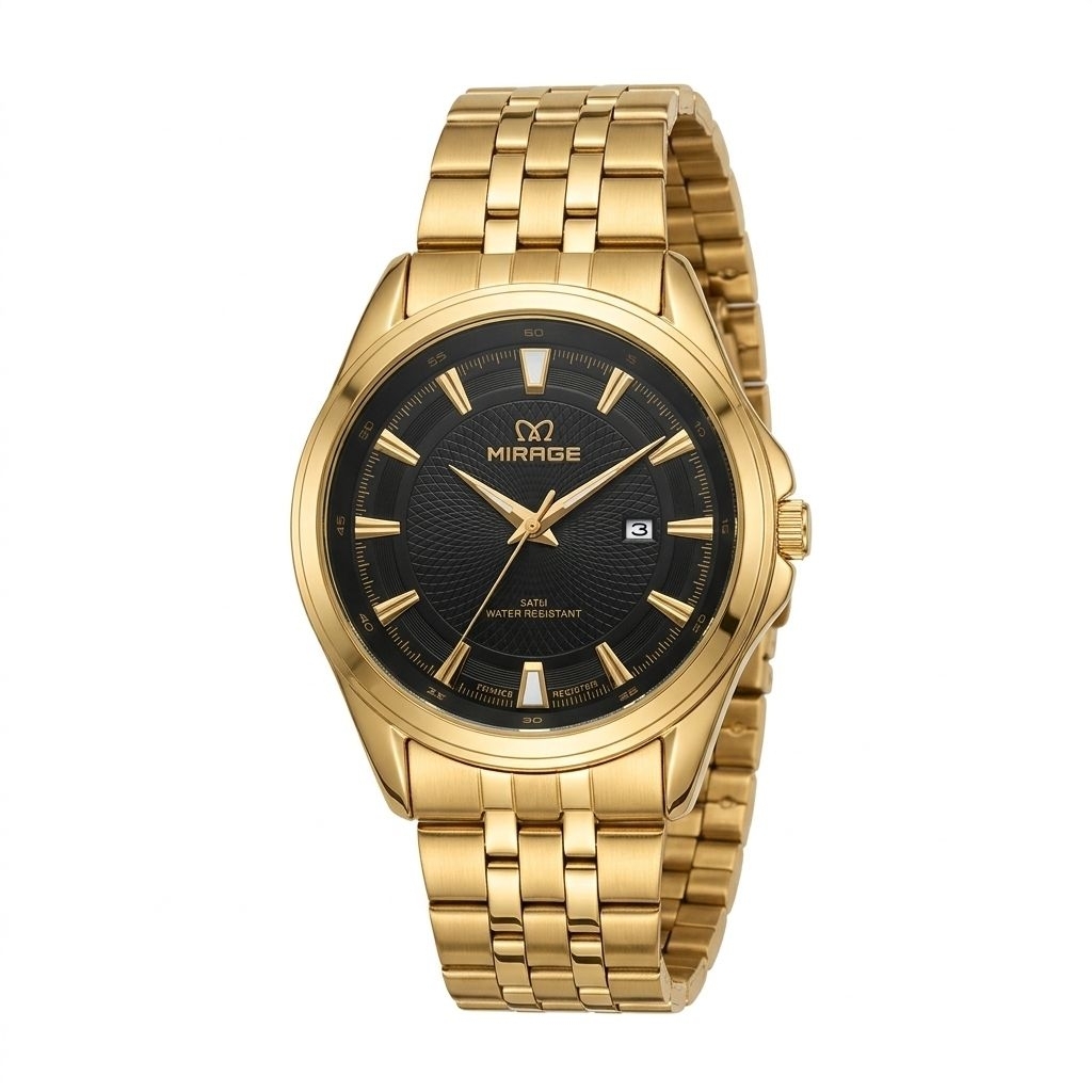 Jam Tangan Mirage 8854BRP-M Rantai Gold Dasar Hitam Cowok