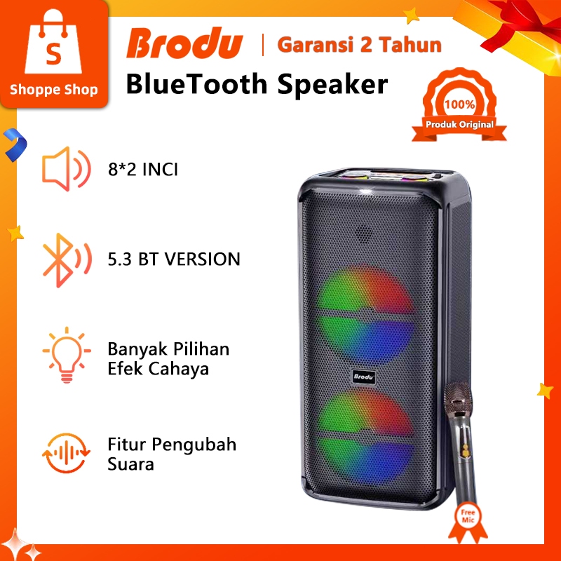 Speaker Bluetooth Karaoke 2x8 Inch Free Mic RGB Lampu Portable Garansi 2 Tahun Brodu BTS-2225