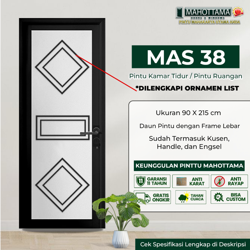 MAHOTTAMA MAS38 - Pintu Rumah Kamar Tidur Kamar Mandi Aluminium 80 x 200cm