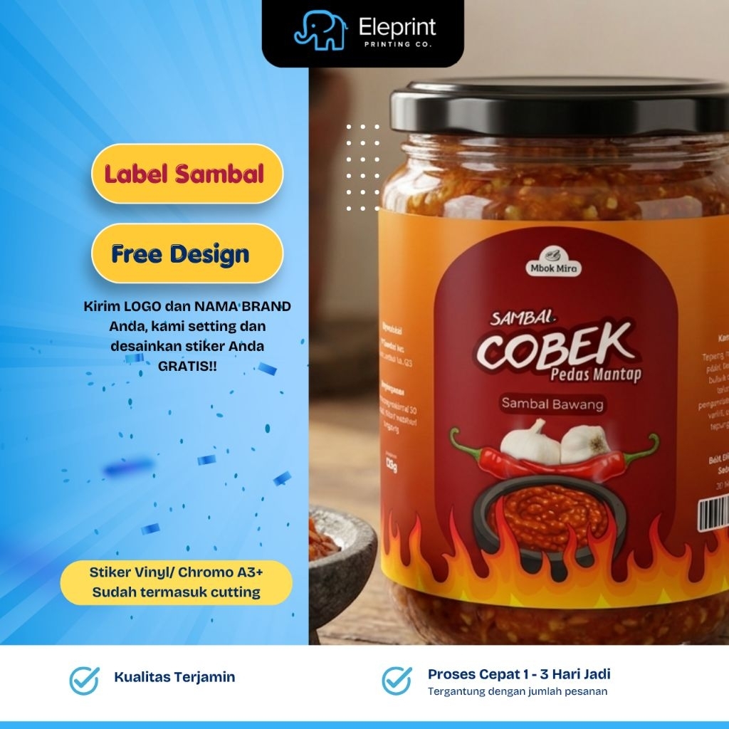 Cetak Stiker Label Sambal Custom Untuk Label Kemasan Botol Sambal - A3+ Sudah Potong