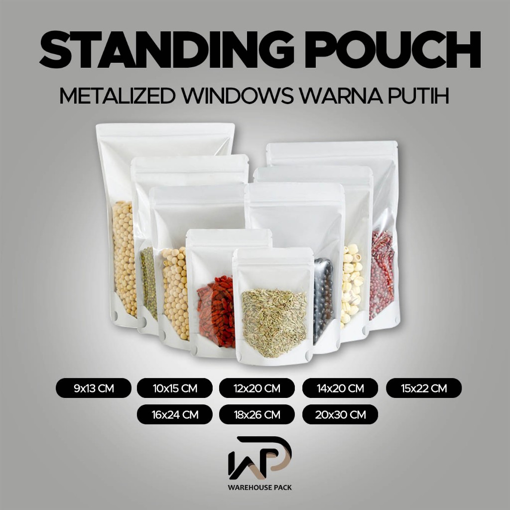 ( 1 Pcs ) Standing Pouch Metalized full Clear Windows Warna Putih | Standing Pouch Ziplock Clear | P
