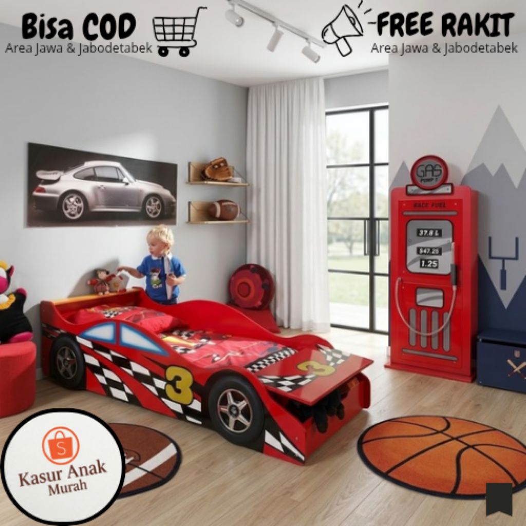 Tempat Tidur Anak Lemari Penyimpanan , Ranjang Multifungsi Karakter Mobil