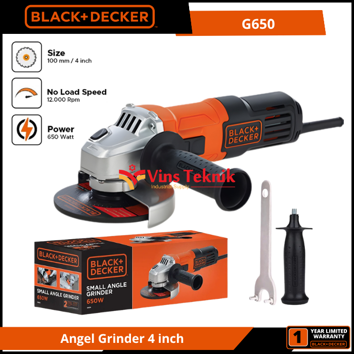 Black Decker G650 Angel Grinder 100mm Mesin Gerinda Tangan 4" 650Watt Black & Decker G 650