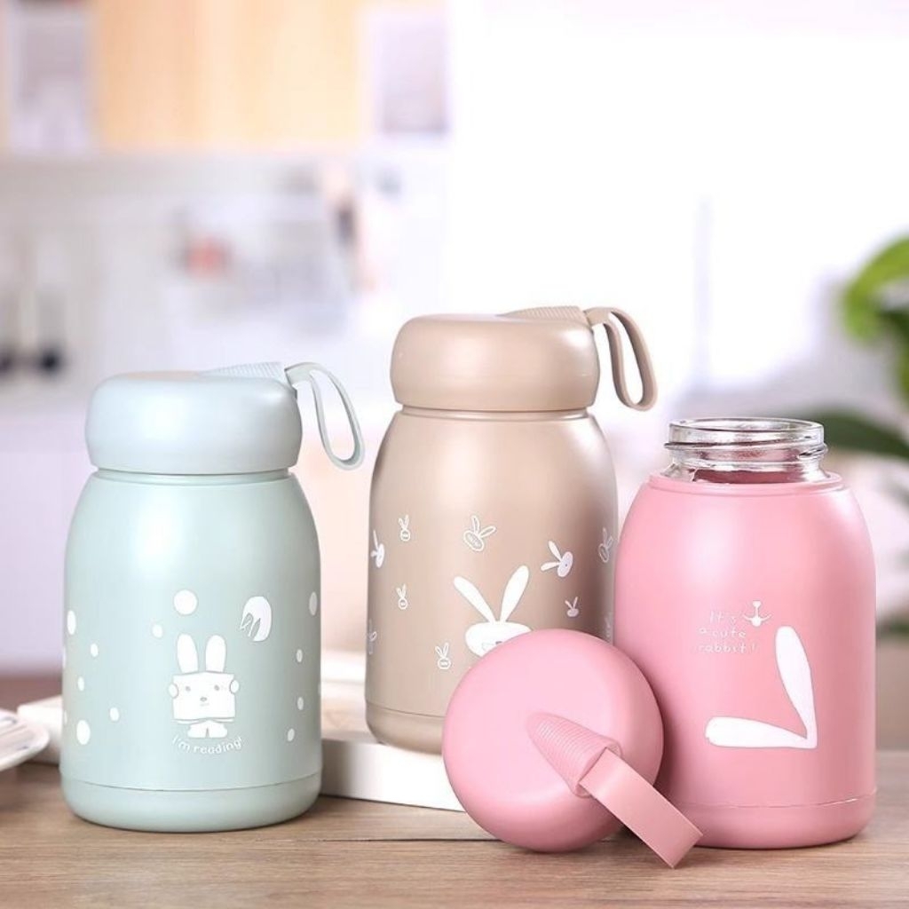 Botol Kaca Kelinci Rabbit Mini Karakter Anak Animal Hewan Bottle Termos Air Panas || WARNA RANDOM