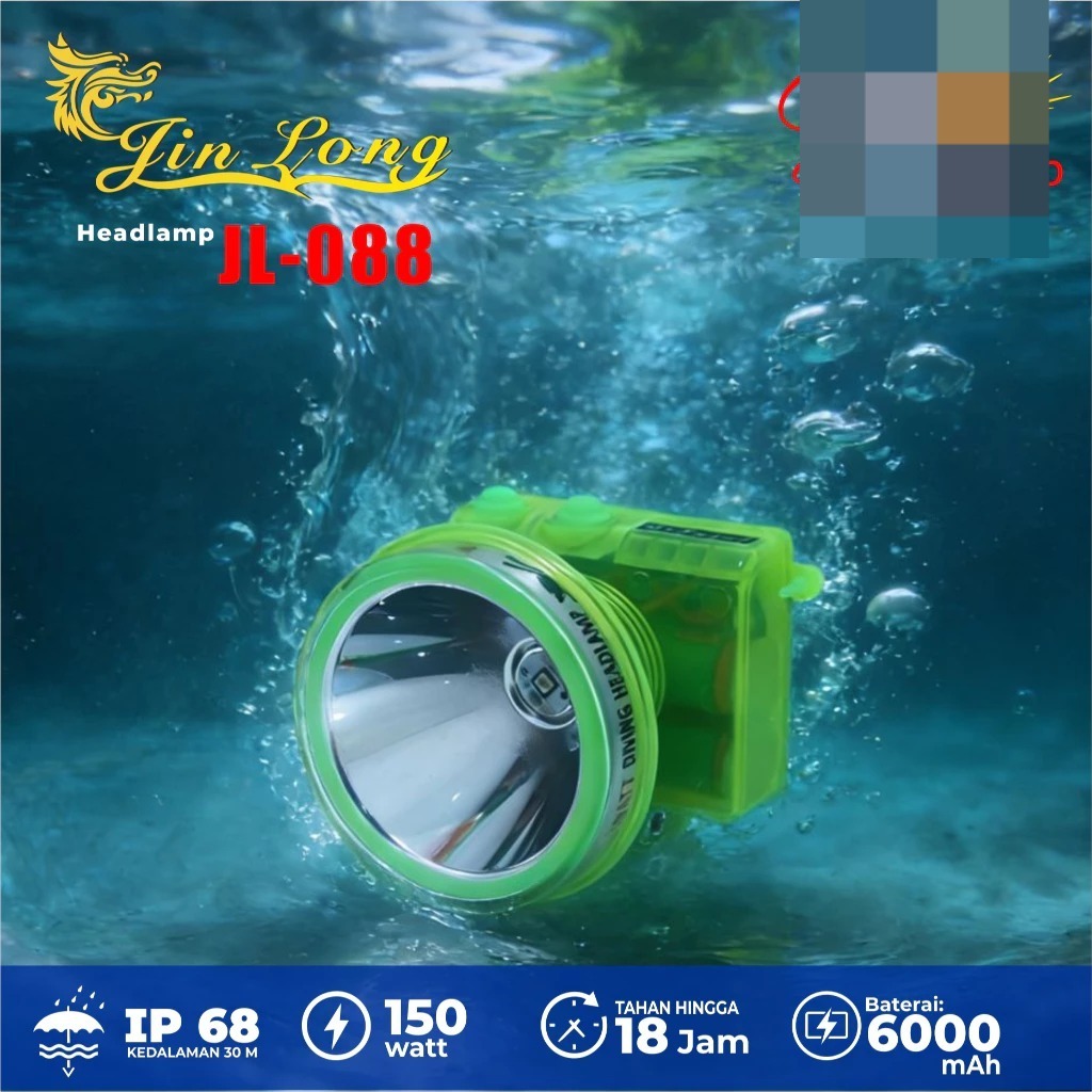 Jinlong Senter Kepala Selam JL-088 150W Cahaya Putih Baterai 6000mAh Durasi 18 Jam-Charger Angka 8