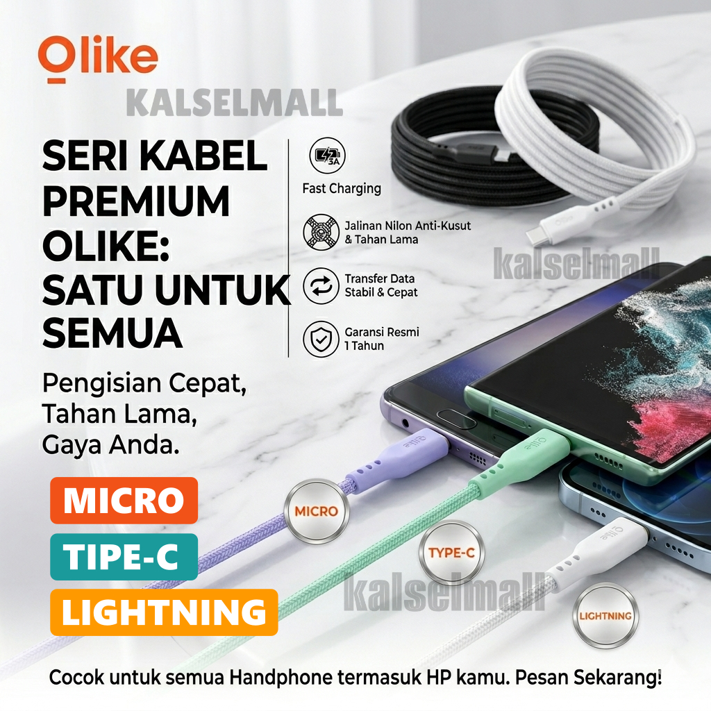 OLIKE Kabel Data Type-C Lightning Micro USB Fast Charging Charger Cesan HP Android iP Awet Kuat