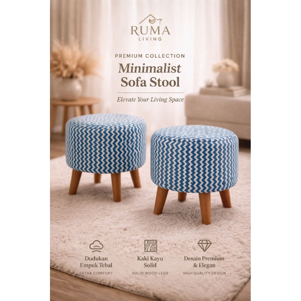 Sofa Stool Motif Premium Unik – Kursi Bulat Kaki Kayu Solid Estetik Cafe & Ruang Tamu
