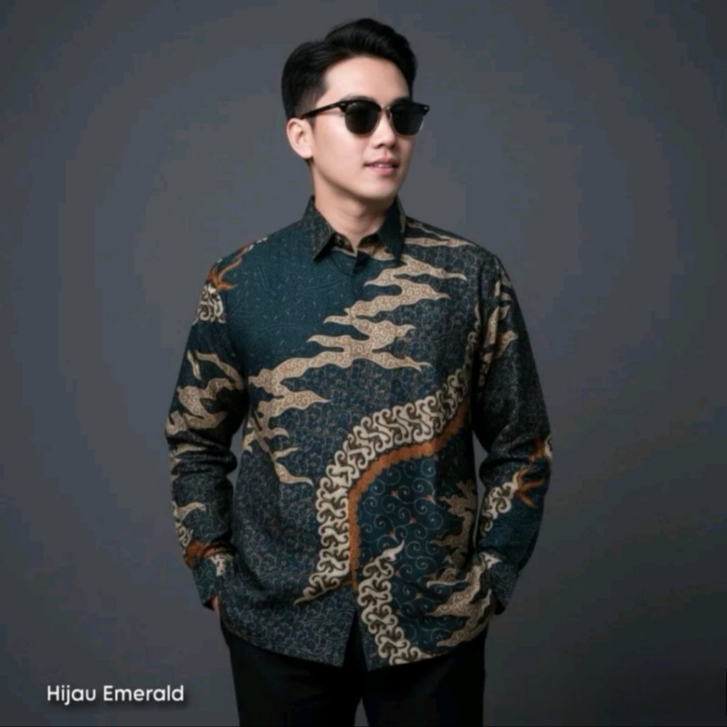 CAKRA HIJAU EMERALD kemeja batik pria lengan panjang katun prima premium lapis furing hero