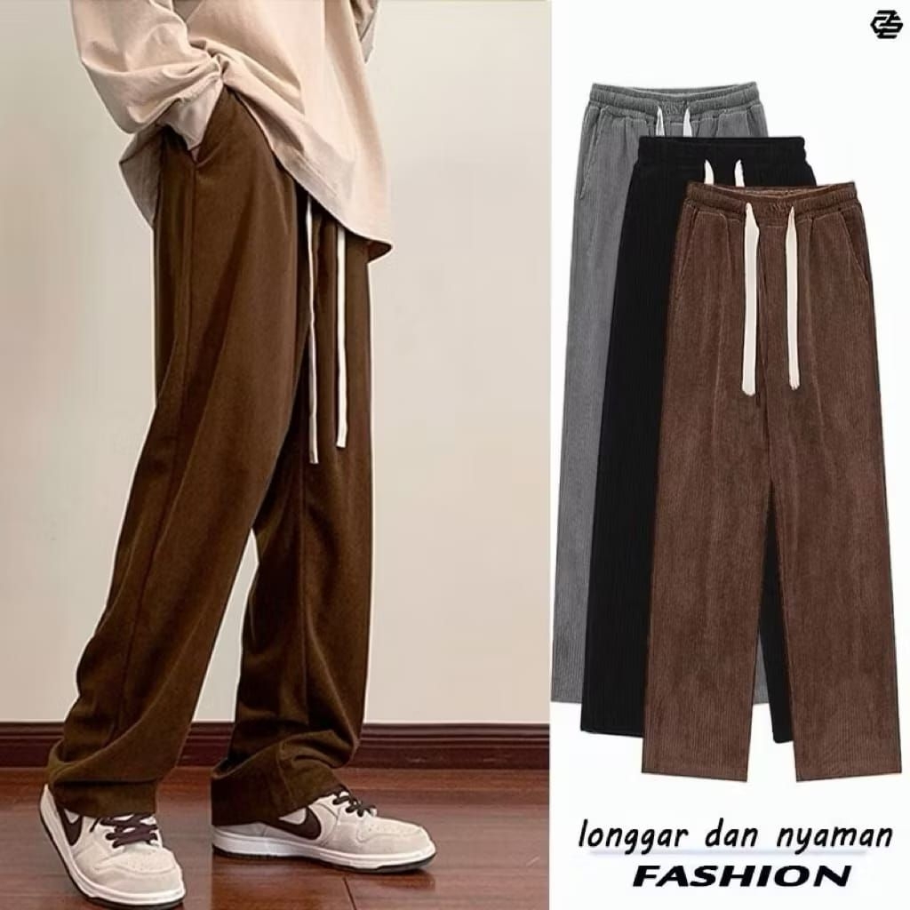 Celana Panjang Wanita Corduroy Gaya Korea Pinggang Karet Nyaman