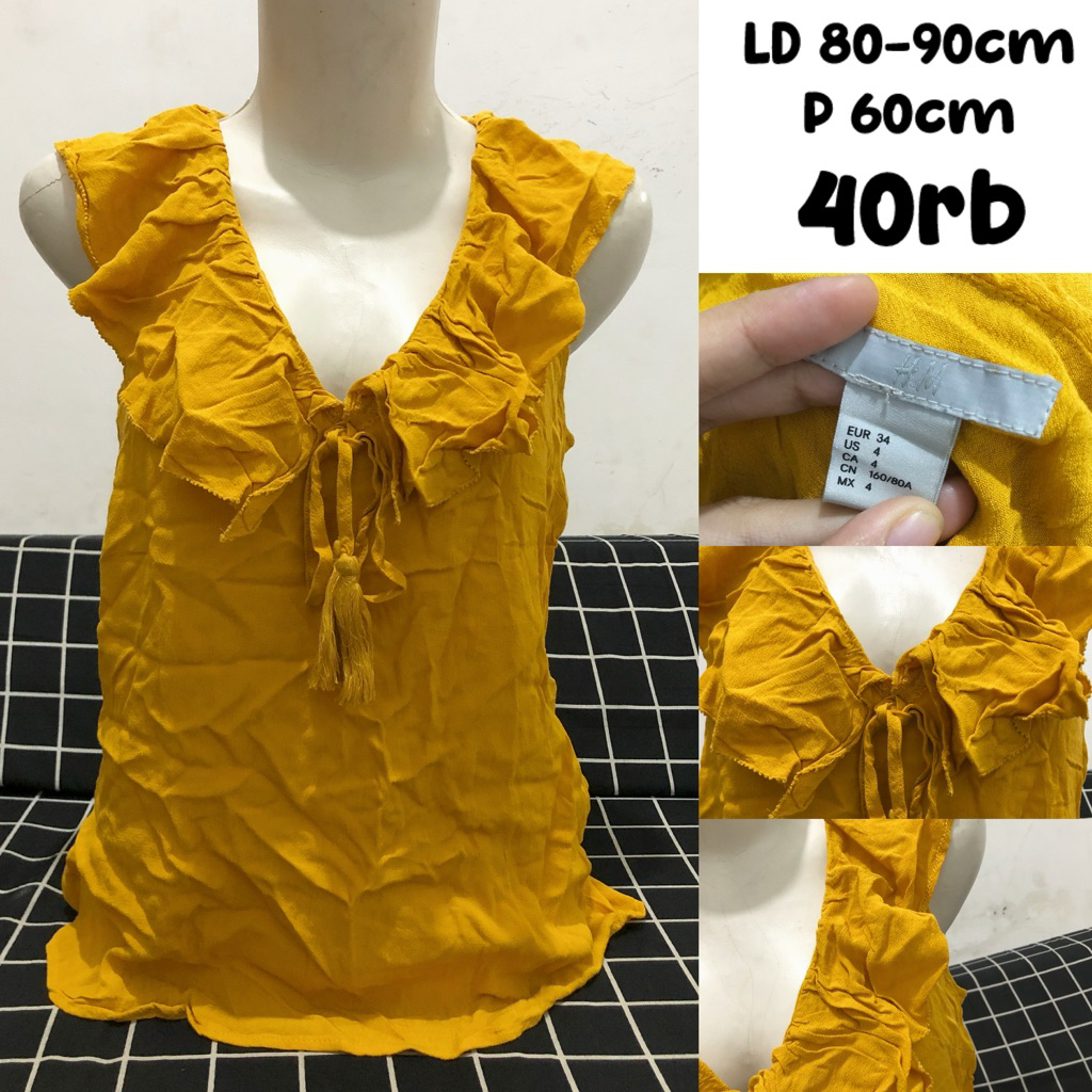 Hnm yellow mustard kuning v neck blouse tanktop ruffle cute coquette fitbody