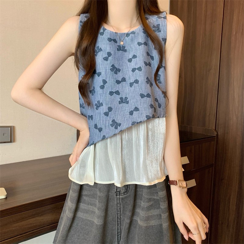 yikoo-Camisol korea rompi denim patchwork motif pita tank wanita atasan