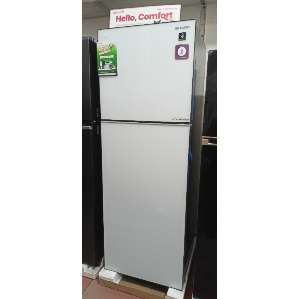 kulkas sharp sj-456gi-gw 2 pintu magic note shine glass door white glitter new j tech inverter ion p