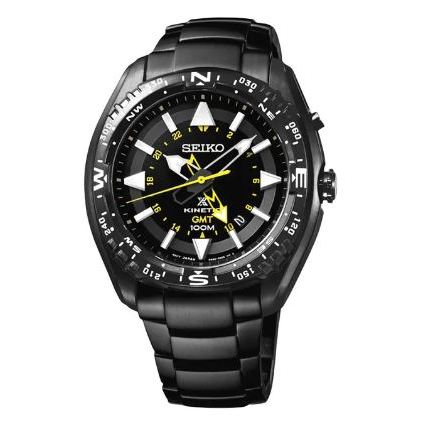 Jam Tangan Pria Seiko SUN047 SUN047P1 Strap Stainless Steel Black Land Kinetic GMT 100M Black Dial O