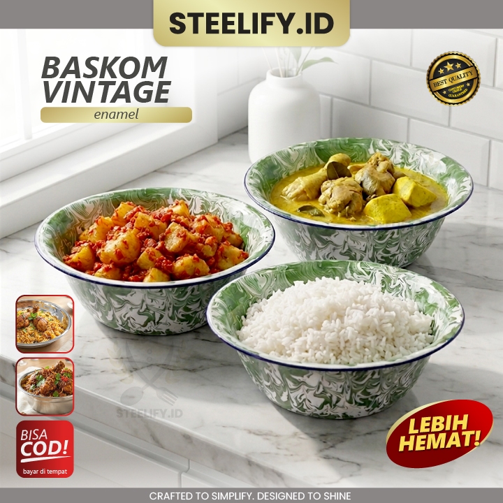 Baskom Enamel Vintage/Old Motif Blirik Lurik/Loreng Green Marble / Mangkok Saji/Wadah Saji Jadul Est
