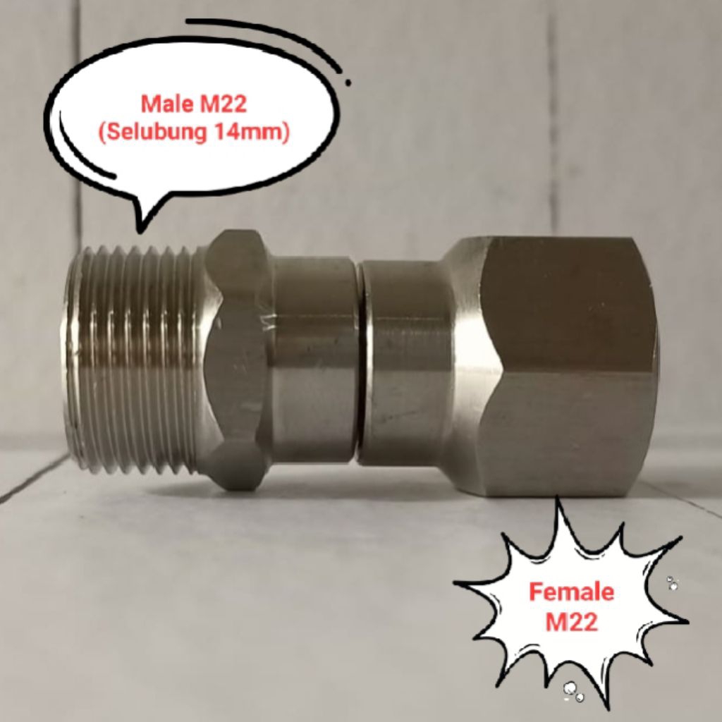 Konektor Sambungan Adaptor Swivel 360° Male M22 (Selubung 14mm) x Female M22