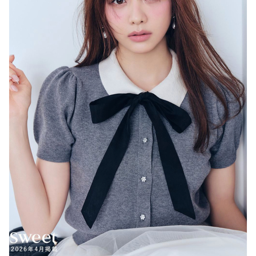 Kasumi Mori Ribbon Tie with Beaded Button Knit Cardigan [th050] GRL JAPAN