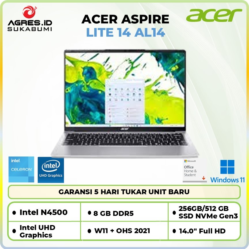 LAPTOP ACER ASPIRE LITE 14 AL14 INTEL N4500 - RAM 8GB 512GB W11+OHS 14.0FHD IPS