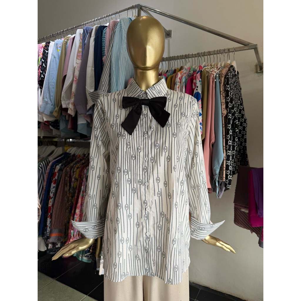 kemeja putih liris pita hitam katun silk satin premium wanita salur panjang reguler