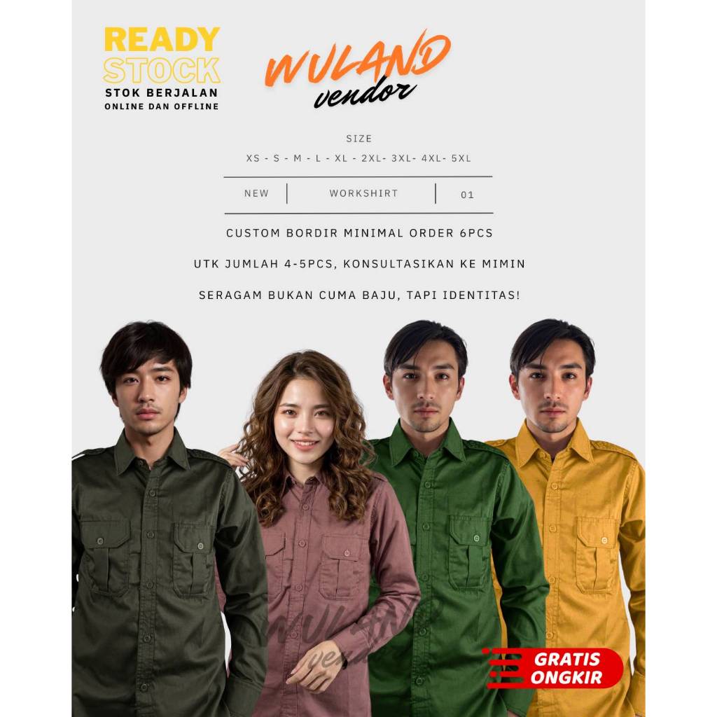 Kemeja Seragam Pria Wanita Warna Hijau Army, Salem/ Mauve, Hijau Botol/ Emerald, Kuning Mustard untu