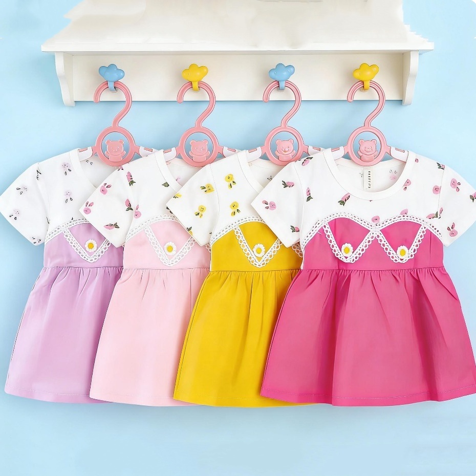 Dress Anak Perempuan Lengan Pendek Motif Bunga & Marguerite Renda Putih Korean Style - Ungu