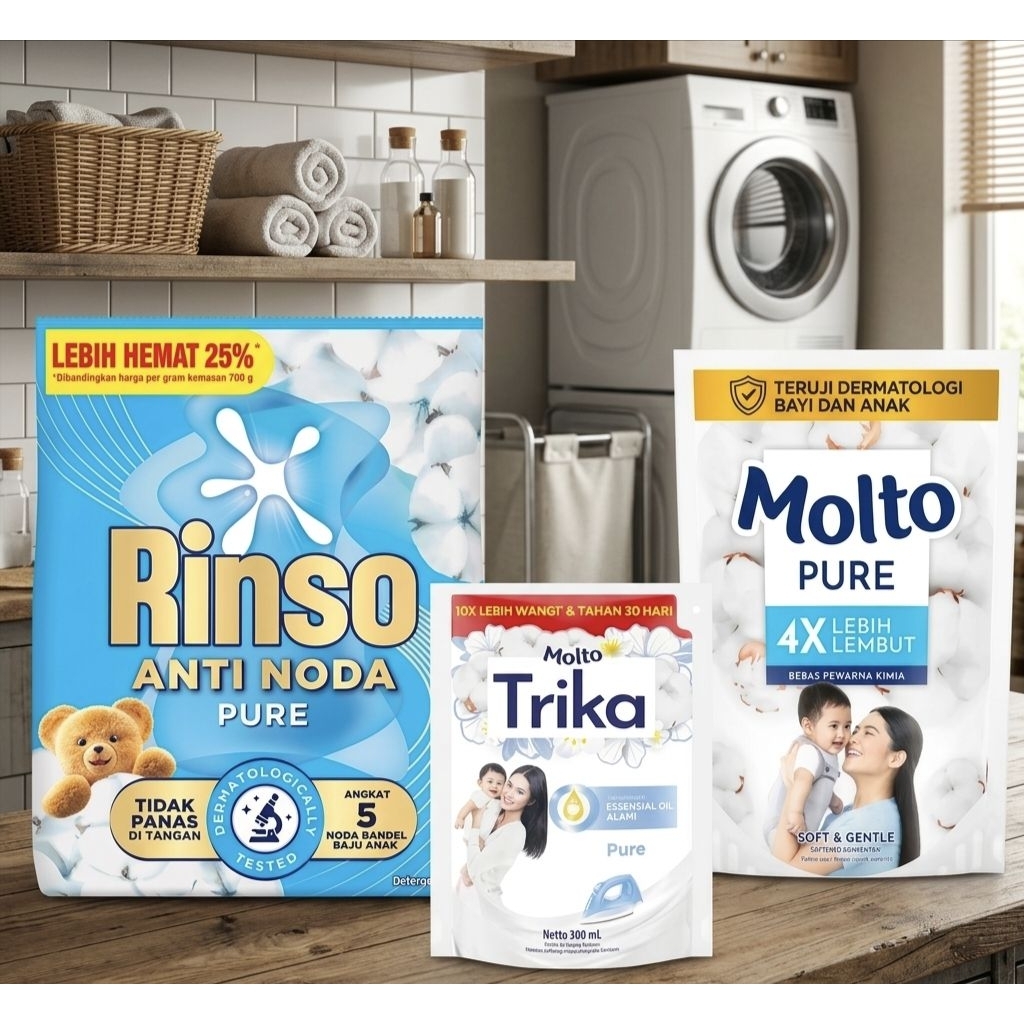 Rinso Deterjen Bubuk Pure 1.4 kg+Molto Pure Pelembut & Pewangi Pakaian Konsentrat Bayi Soft & Gentle