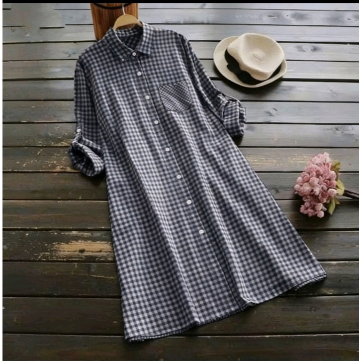 YEMIMA BLOUSE TUNIK WANITA BAHAN  KATUN MOTIP KOTAK SIZE JOMBO L XL XXL