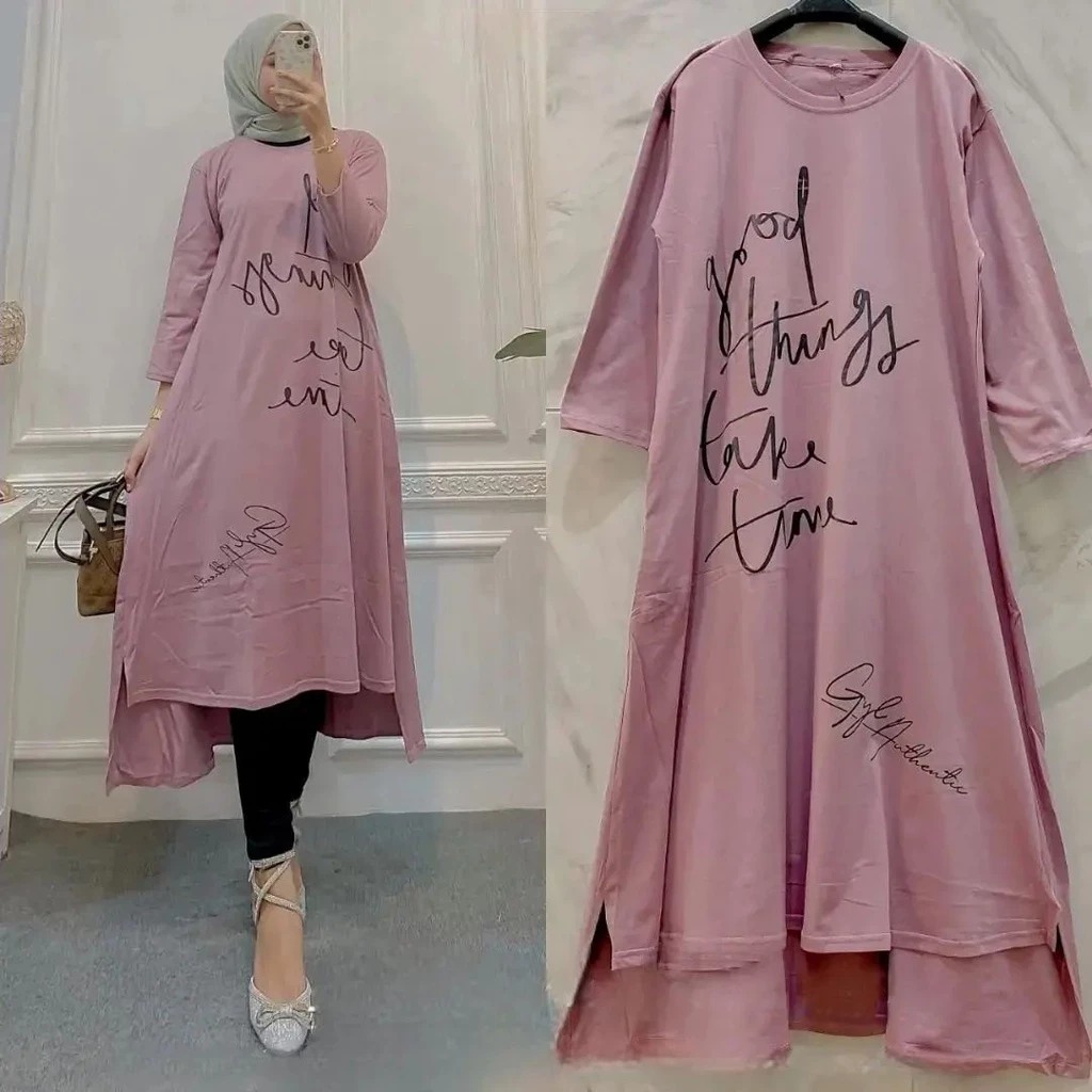 Gamis Midi Model Terbaru Arista Midi BO Bahan Kaos katun Combed 24s Aplikasi Sablon Size S M L XL XX