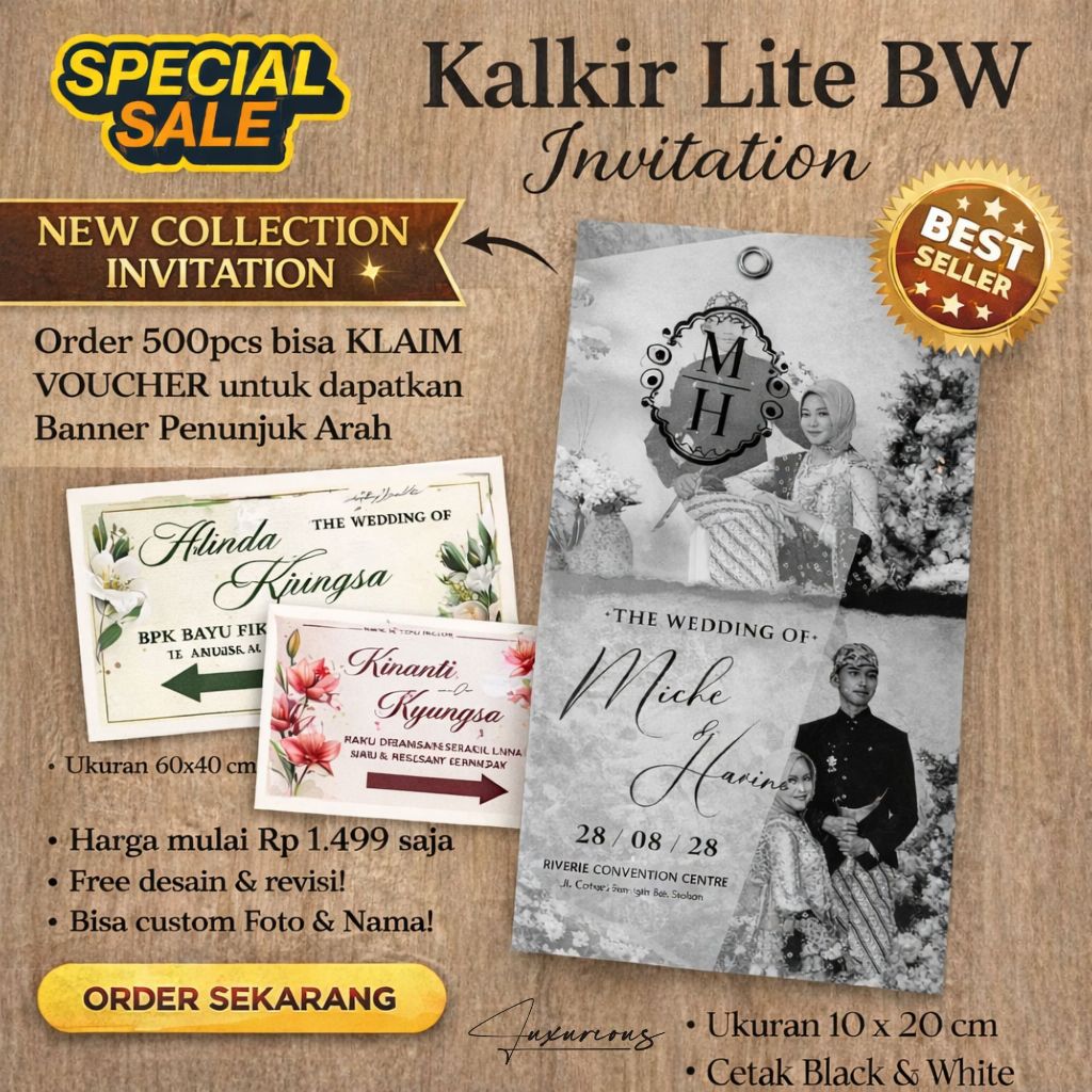 Undangan Pernikahan Kalkir BW Lite Murah Custom Foto | Undangan Aesthetic Minimalis Hitam Putih