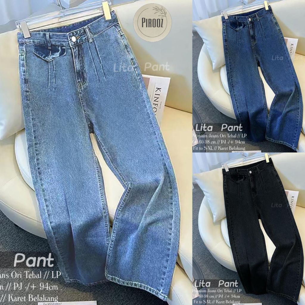 CELANA PANJANG WANITA LITA PANTS BAHAN PREMIUM JEANS KARET BELAKANG