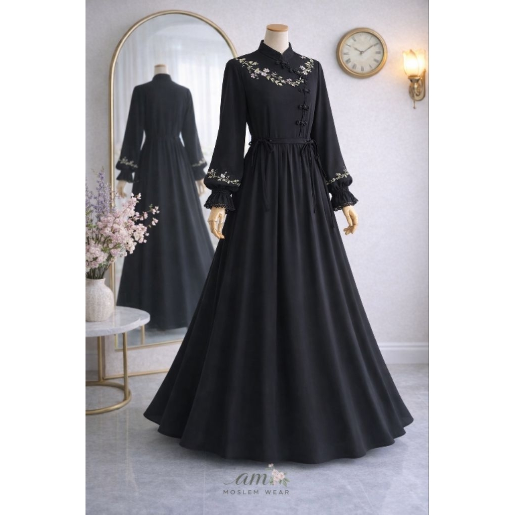 AMW23 Gamis Akhwat Bordir Sanghai Set Gamis Safar dan Cadar Tali Wanita Dewasa S M L  XL
