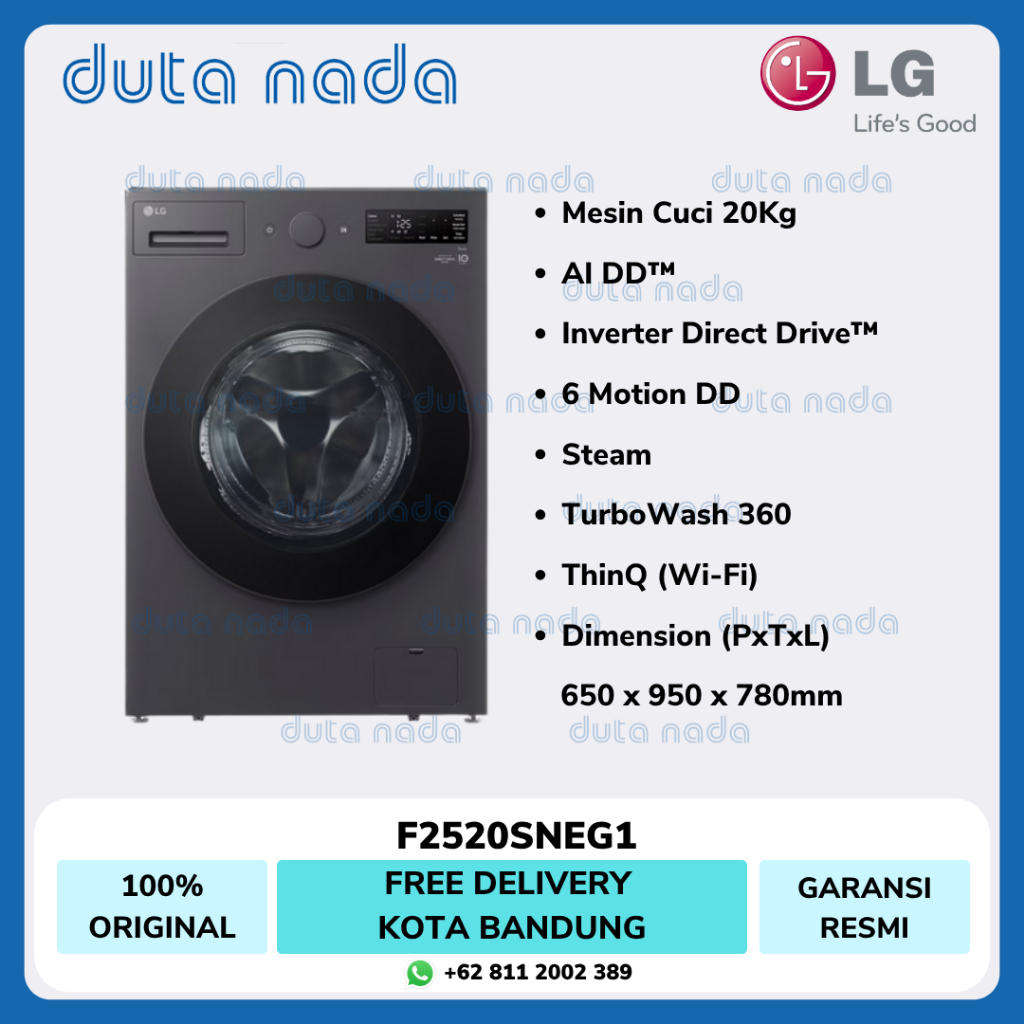 LG Mesin Cuci 20Kg F2520SNEG1 Hitam AI DD Inverter Direct Drive Wi-Fi
