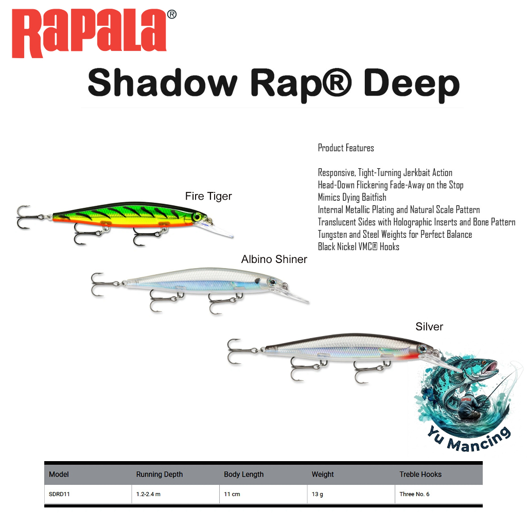 Lure Rapala Shadow Rap Deep SDRD11 - Umpan Casting Minnow 11cm 13gram, 1,2 - 2,4meter