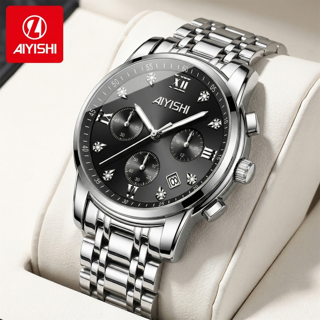 AIYISHI Jam Tangan Pria Original 100% Stainless Steel Strap Jam Tangan Laki-Laki Analog Anti Air Qua