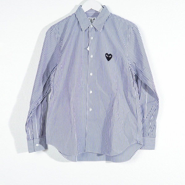 Kemeja CDG PLAY HEART BLACK STRIPE NAVY LONG SHIRT 100% ORIGINAL