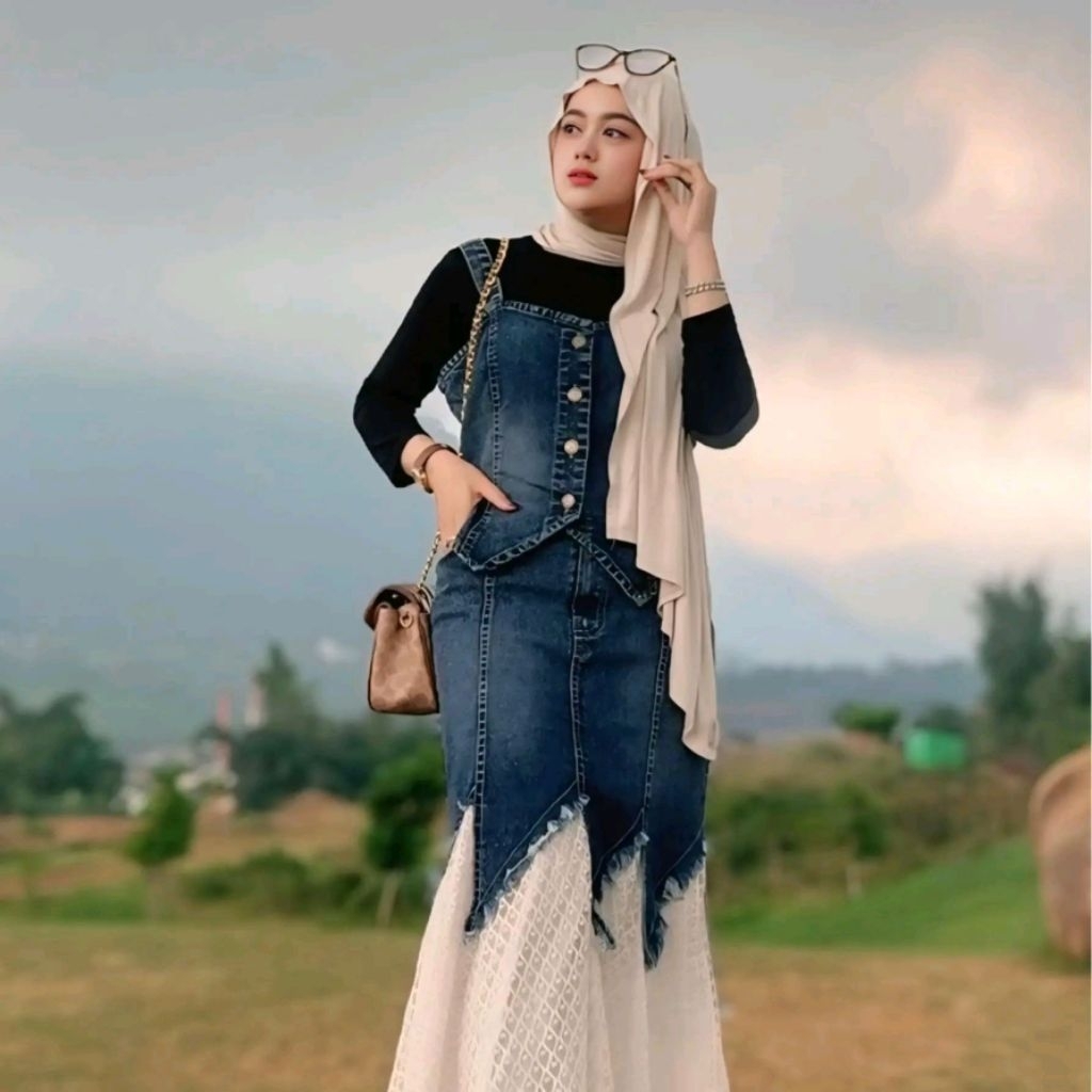 Ella trendy Setelan Rok Jeans Mix Brukat Sherly