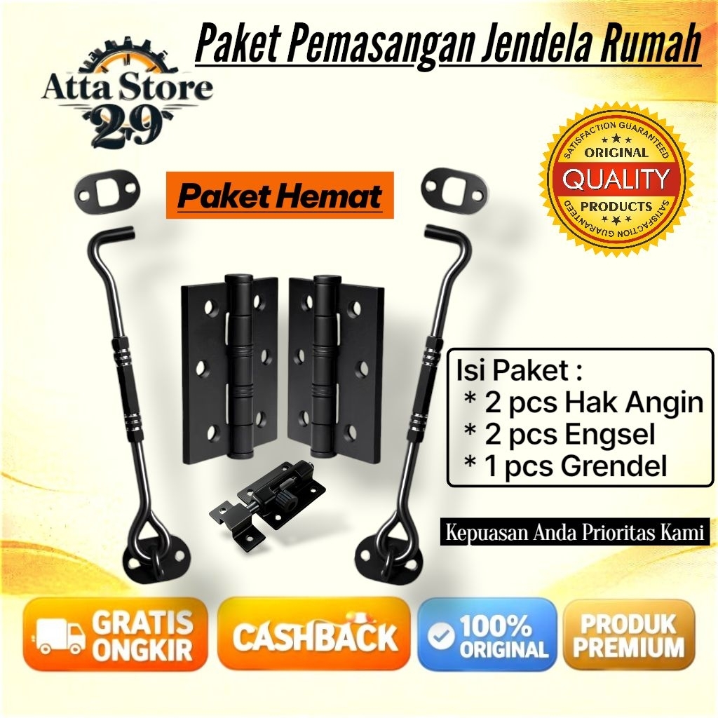 Paket Perlengkapan Jendela Rumah - 2 Hak Angin + 2 Engsel + 1 Grendel Slot Jendela Minimalis