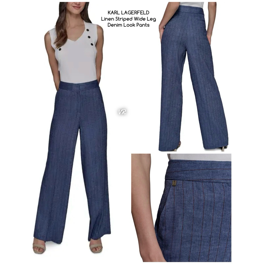[ KL 52 ] LINEN WIDE LEG KULOT PANTS KARL DENIM LOOK STRIPED