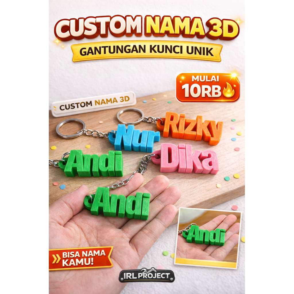 Gantungan Kunci Custom Nama Warna Warni