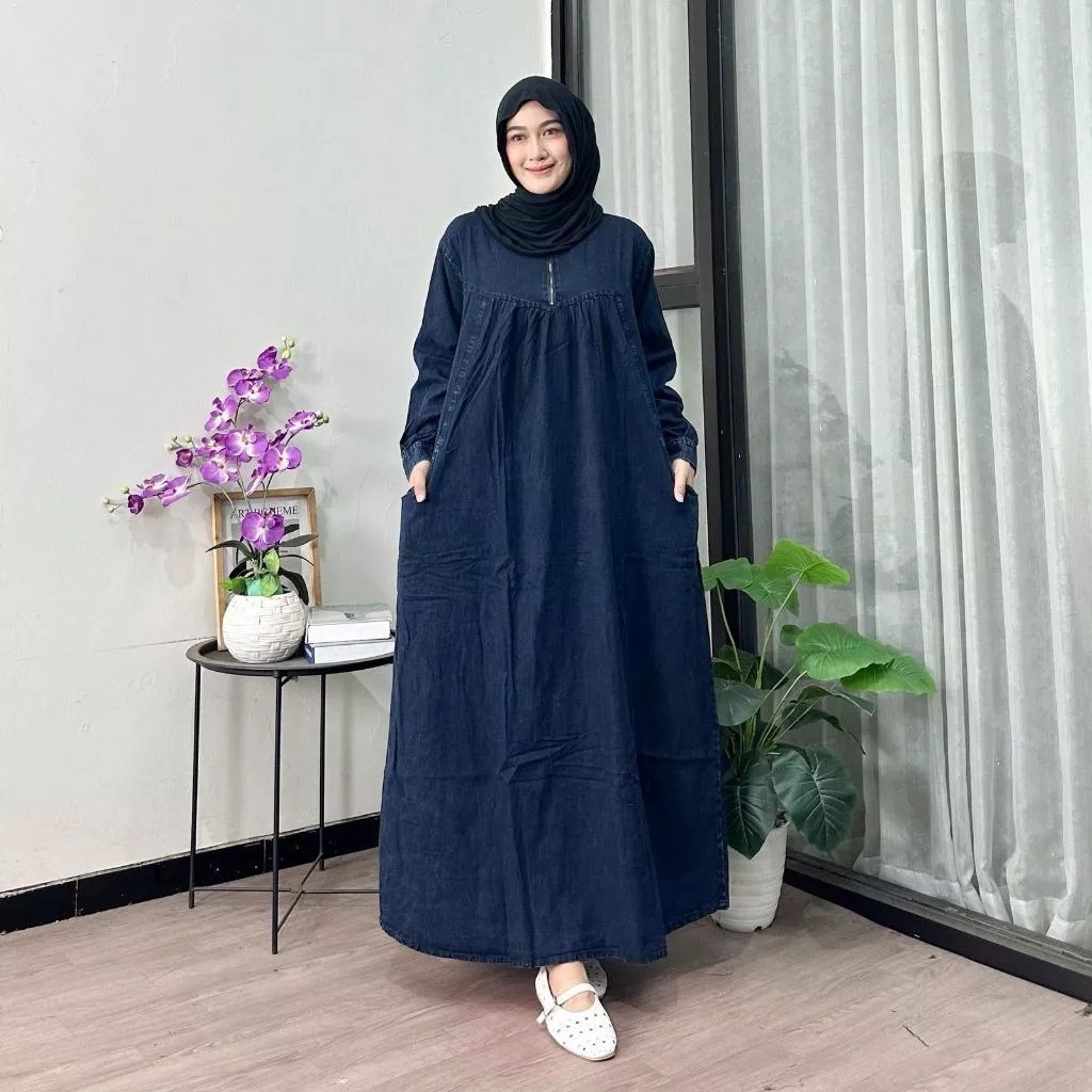 Gamis Jeans Muslim Kekinian 2026 - Dress Denim Busui Friendly Resleting Depan - Baju Muslim Wanita L