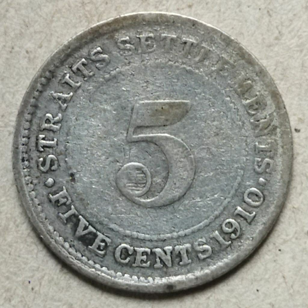 Koin perak Straits settlements 5 cents 1910